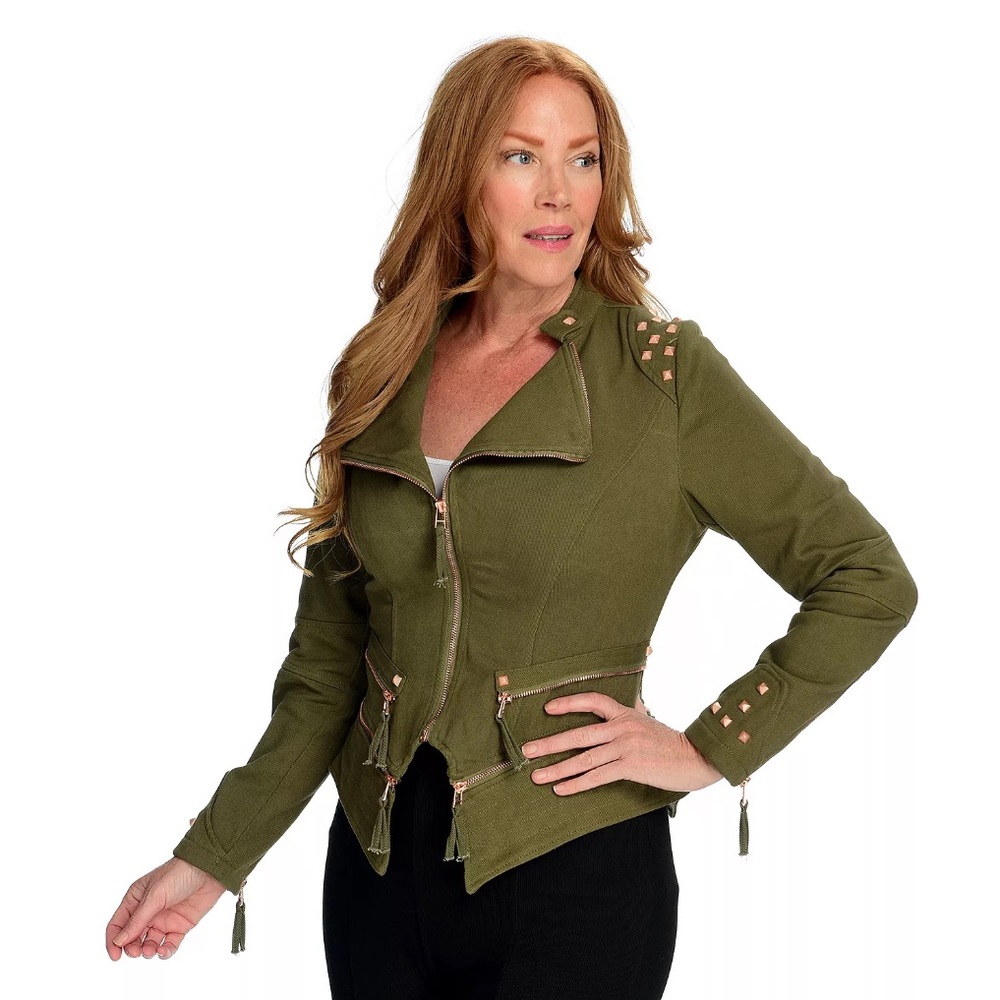 Women’s Pamela McCoy Olive Twill Weave Stud Detail‎ Zip Moto Jacket